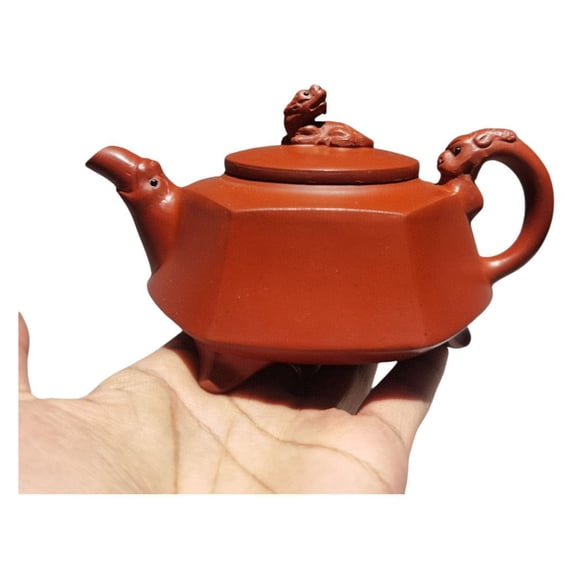 Yixing Purple Teapot Kettle Ceramic Dragon Sculpture Motif Hexagonal Carved Sculpted Mythical Three Legged Tripod Base Design