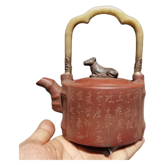Yixing Purple Teapot Kettle Ceramic Ox Figurine Bull Sculpture Knob Jade Inlaid Bridge Handle Bamboo Motif Carving Pattern