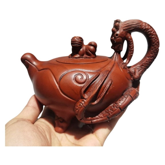 Yixing Purple Teapot Kettle Ceramic Sculpted Carved Textured Scaled Curved Rounded Dragon Lion Tripod Cloud Figurine