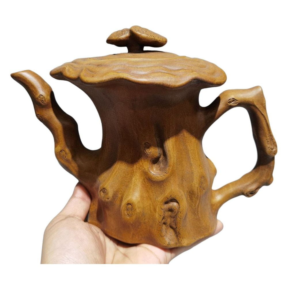 Yixing Teapot Set Tea Kettle Mesh Handcarved Sculpted Engraved Reishi Lingzhi Wood Stump Tree Trunk Bark Textured Detailed