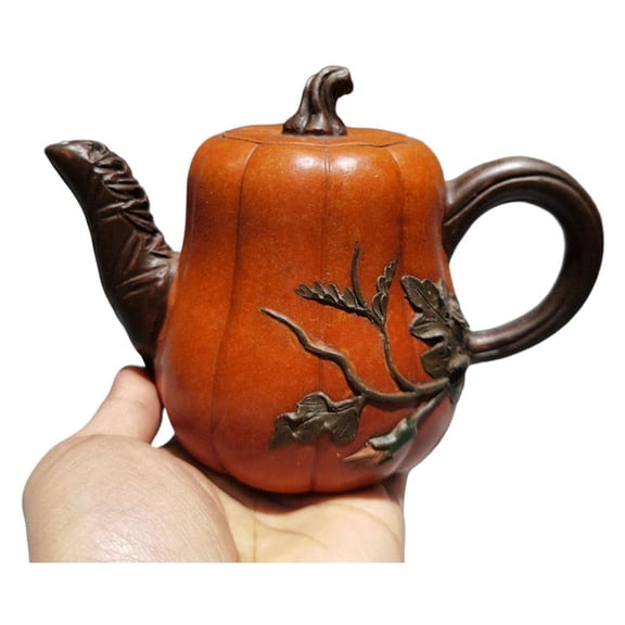 Yixing Teapot Set Tea Kettle Mesh Pumpkin Shaped Vine Leaf Relief Plant Motif Ribbed Two Tone Silhouette Detailing Rare