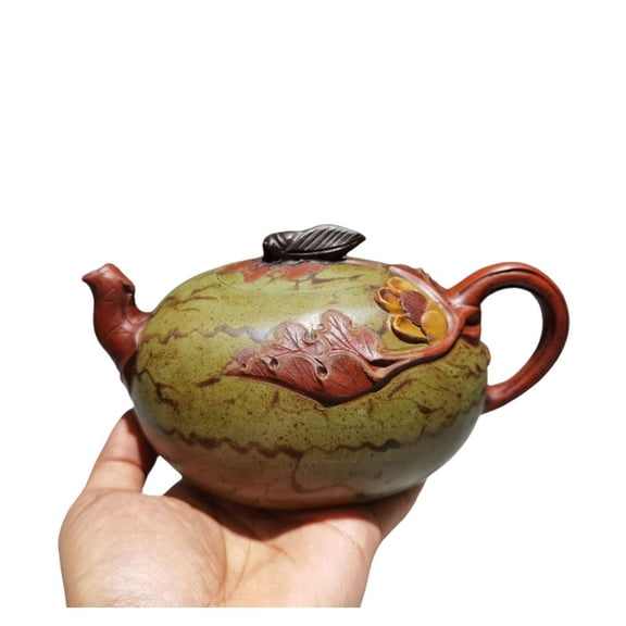 Yixing Teapot Set Tea Kettle Mesh Watermelon Shaped Cicada Leaf Flower Biomorphic Naturalistic Sculpted Embossed Handsculpted