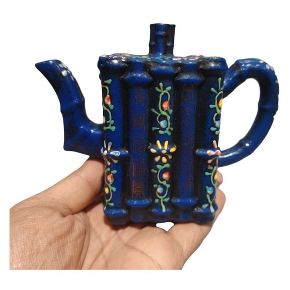 Yixing Zisha Clay Teapot Gongfu Cup Puer Tea Bamboo Carved Embossed Gilded Inlaid Painted Square Floral Glaze Bundle Sculpture