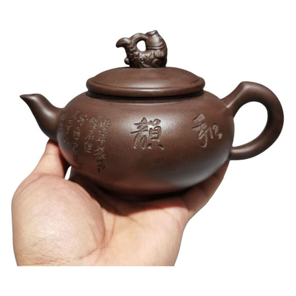 Yixing Zisha Clay Teapot Gongfu Cup Puer Tea Carp Figurative Sculptural Sculpted Carved Calligraphic Etched Engraved Inscribed