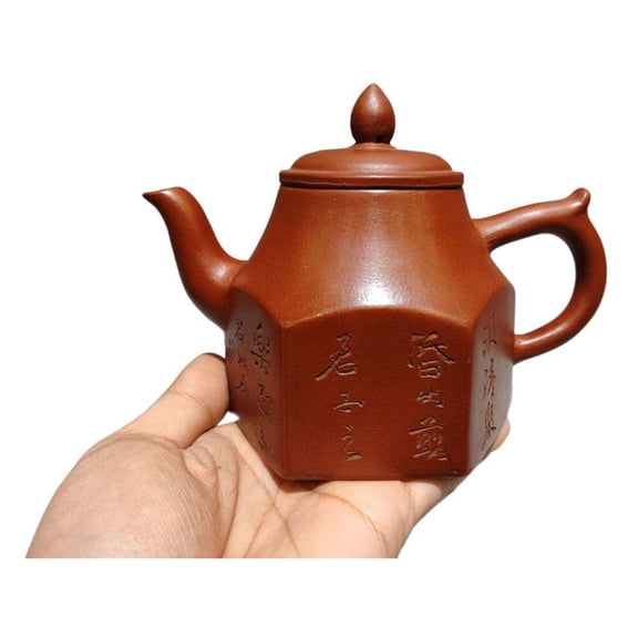 Yixing Zisha Clay Teapot Gongfu Cup Puer Tea Hexagonal Six Sided Angular Sexangular Carved Engraved Inscribed Calligraphy