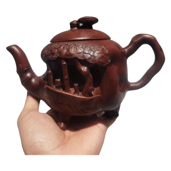 Yixing Zisha Clay Teapot Gongfu Cup Puer Tea Sculpted Carved D Openwork Hollow Pine Bamboo Botanical Theme Design Figurine