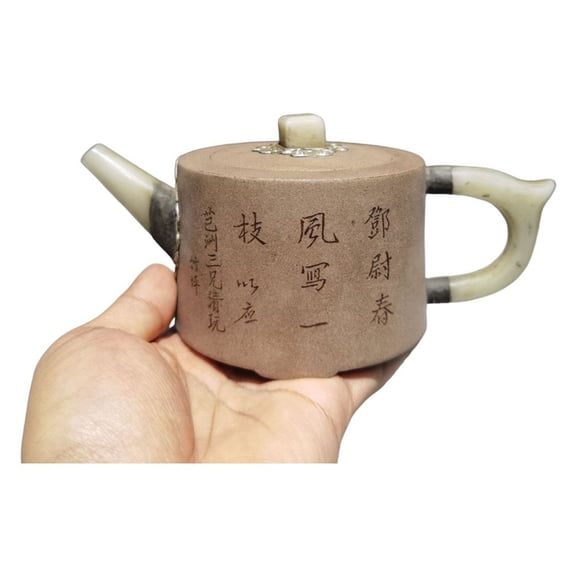 Yixing Zisha Clay Teapot Gongfu Cup Puer Tea Silver Accent Jade Inlaid Cylindrical Round Hexagonal Six Sided Shape Calligraphy