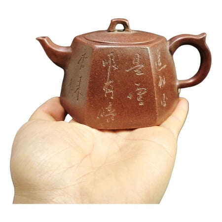 Yixing Zisha Clay Teapot Oriental Lovely Bonsai Carved Engraved Bamboo Bird Calligraphy Hexagonal Six Sided Trapezoidal
