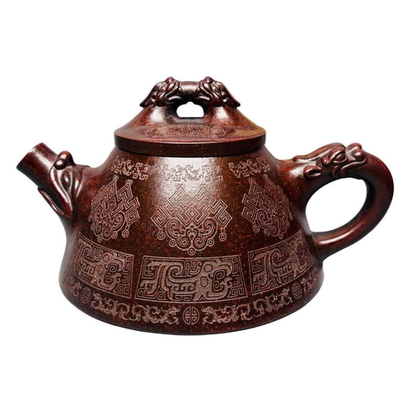 Yixing Zisha Clay Teapot Unique Pu Erh Oriental Sand Fired Pot Mythical Beast Knob Dragon Decor Handle Flared Mouth Body Ancient