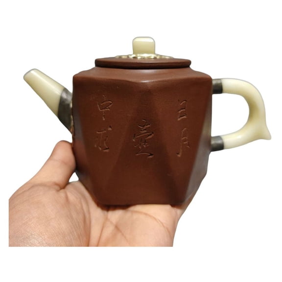Yixing Zisha Teapot Collectible Asian Silver Filigree Jade Inlaid Plum Blossom Carved Motif Hexagonal Six Sided Accented