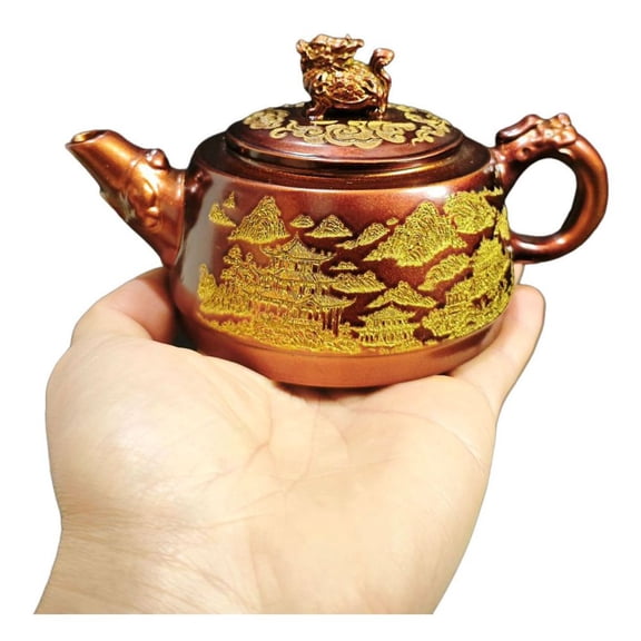 Yixing Zisha Teapot Gongfu Purple Clay Oolong Tea Set Gilded Dragon Turtle Pavilion Landscape Cloud Calligraphy Engraved Relief