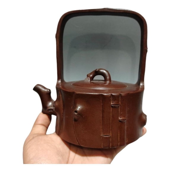 Yixing Zisha Teapot Unique Pu-Erh Pot Bamboo Motif Lifting Beam Arched Handle Biomorphic Carved Sculpted Relief Textured