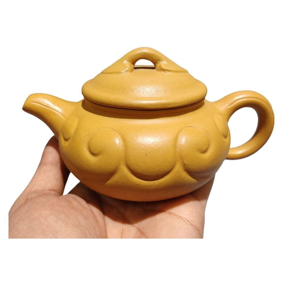 Yixing Zisha Teapot Unique Pu-Erh Pot Carved Embossed Relief Handcrafted Ornate Symmetrical Round Cloud Motif Calligraphy