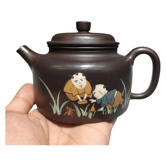 Yixing Zisha Teapot Unique Pu-Erh Pot Children Motif Painted Playful Kids Figure Art Calligraphy Accent Dezhong Style Classic