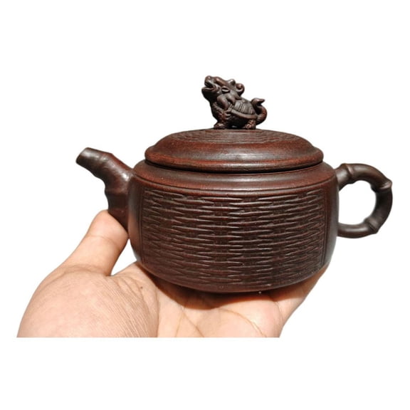 Yixing Zisha Teapot Unique Pu-Erh Pot Dragon Turtle Bamboo Weave Round Carved Textured Sculpted Pattern Claypainting