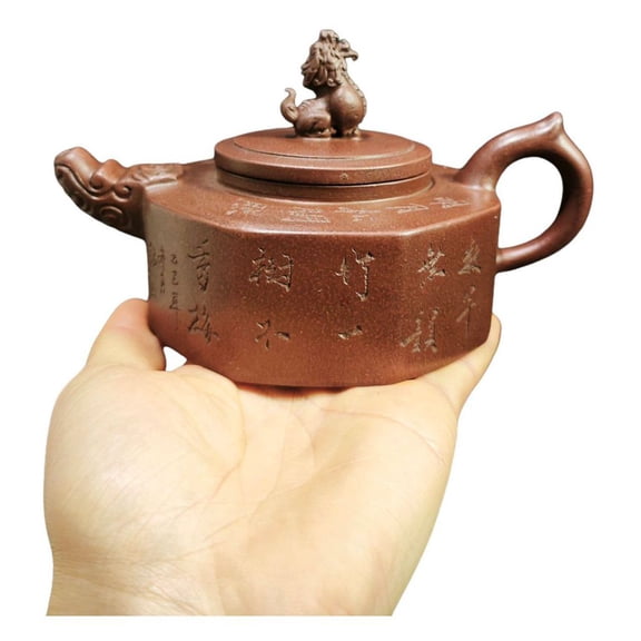 Yixing Zisha Teapot Unique Pu Erh Purple Ornament Dragon Carved Sculpted Engraved Relief Mythical Beast Totem Octagonal Textured