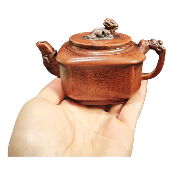 Yixing Zisha Teapot Vintage Collectible Asian Artisan Handcarved Intricate Sculpted Foo Dog Hexagonal Square Geometric Angular