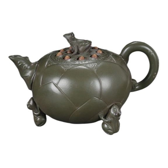 Yixing Zisha Teapot Vintage Collectible Asian Lotus Frog Biomimetic Lily Pad Pod Carved Embossed Sculpted Inscribed Claypainting