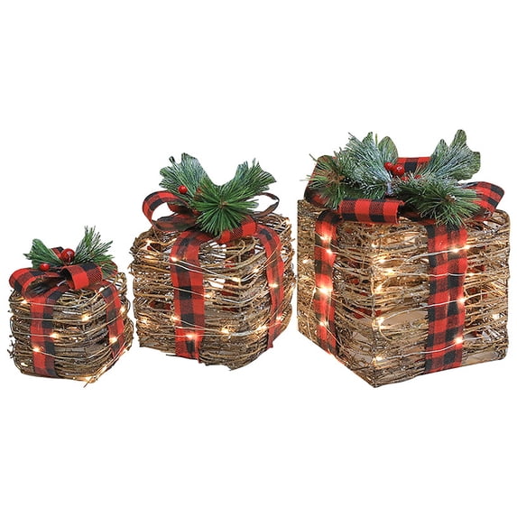 Yiying Christmas Lighted Gift Boxes 3pcs Glowing Rattan Light String 4in/5in/7in Creative Gix Boxes