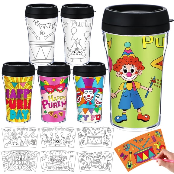 Yiyiring 12 Set Happy Purim DIY Color Your Own Cups 10 oz Coloring Color Your Own Plastic Mugs Jewish Purim Carnival Holiday Party Gift for Party Favors Crafts Home Activities Y101