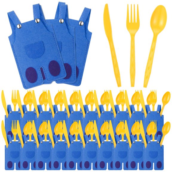 Yiyiring 30 Sets Yellow and Blue Silverware Cartoon Yellow Disposable Knife Fork Spoon with Blue Cutlery Bags for Birthday Party Favors Guests Table Decorations A101