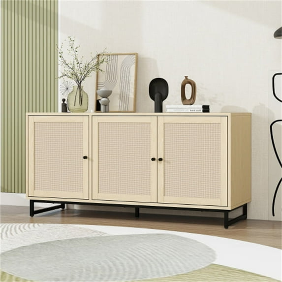 Yiyuanjin 3 Door Sideboard Buffet Cabinet, Rattan Storage Cabinet with Golden Metal Legs