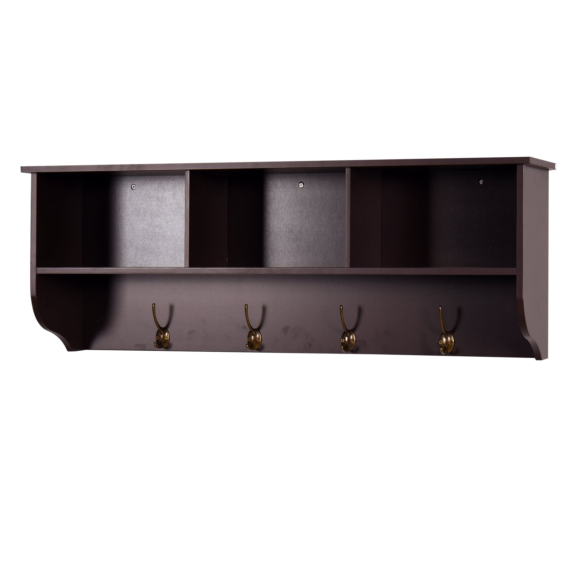 Espresso MDF Wall Mounted Coat Rack with Shelf and 4 Hooks