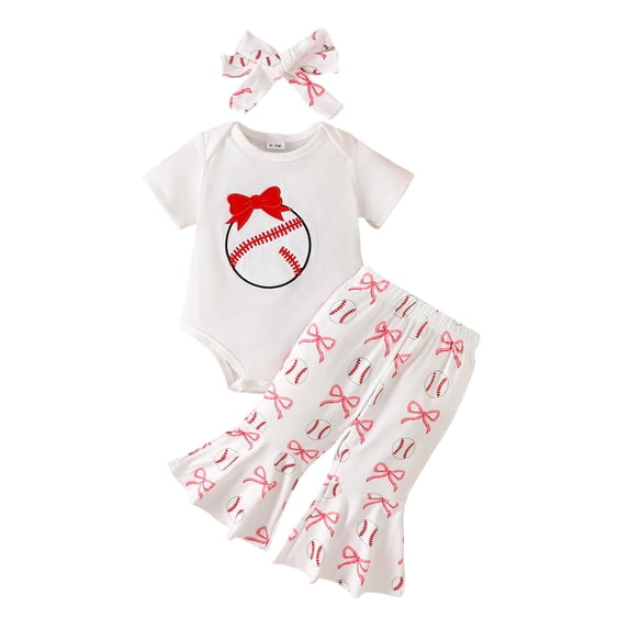 Yiyuu Baby Girls Baseball Short Sleeve Bodysuit Flare Pants Headband 3Pcs Set, Sizes 0-18 Months