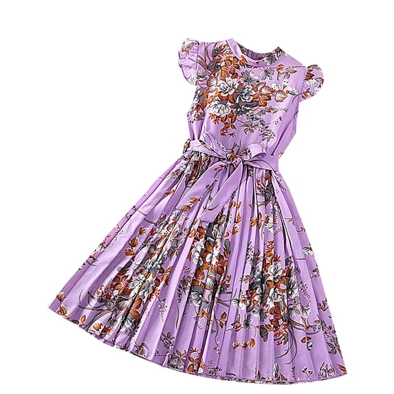 Yiyuu Big Girls Summer Elegant Ruffle Tank Dress Casual Pleated Floral O Neck A-Line Swing Dress
