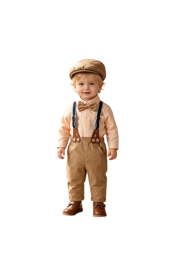 Boys Casual Suit Bow Tie Long Sleeve Romper Suspender Pants with Beret Cap Outfits