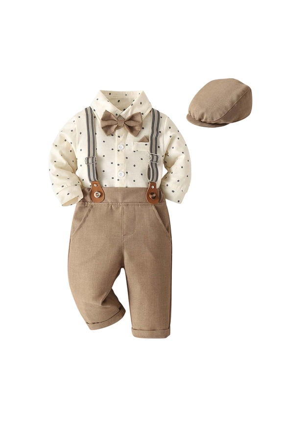 Boys Casual Suit Classic Floral Bow Tie Long Sleeve Romper Suspender Pants with Beret Cap Set