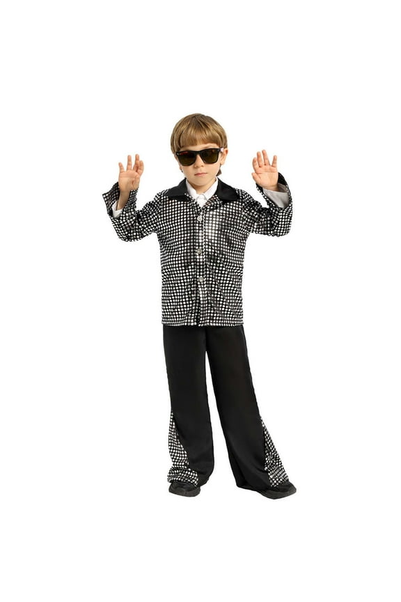 Boys Disco Dance Outfits Retro Dancewear Long Sleeve Shirt Pants Set, Sizes 3-5