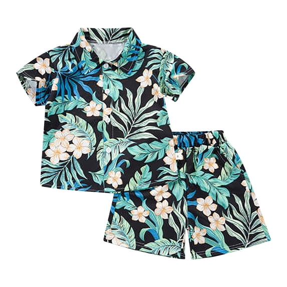 Yiyuu Boys Hawaii Outfits Tropical Beach Short Sleeve Shirt and Shorts Set, Sizes 12M-5T