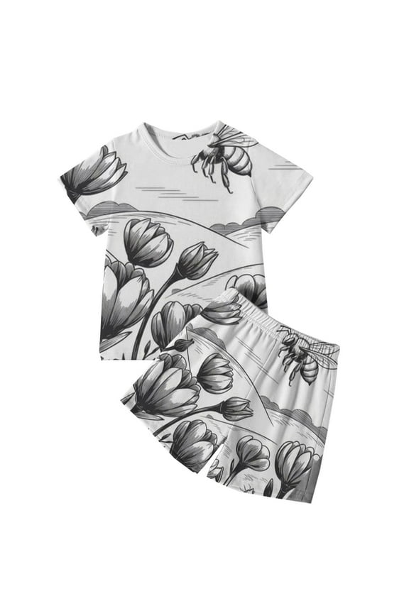 Boys Outfits Bee Print Short Sleeve Tee Shorts Set for Children, Sizes 9-10