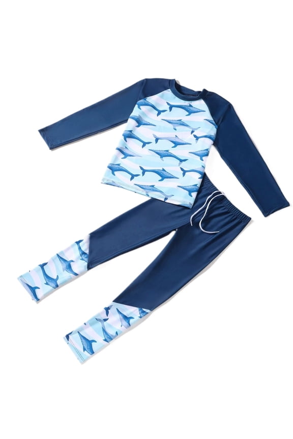 Boys Shark Print Long Sleeve Rash Guard Swimsuit Bathing Suit with UPF50+, Sizes 3-12