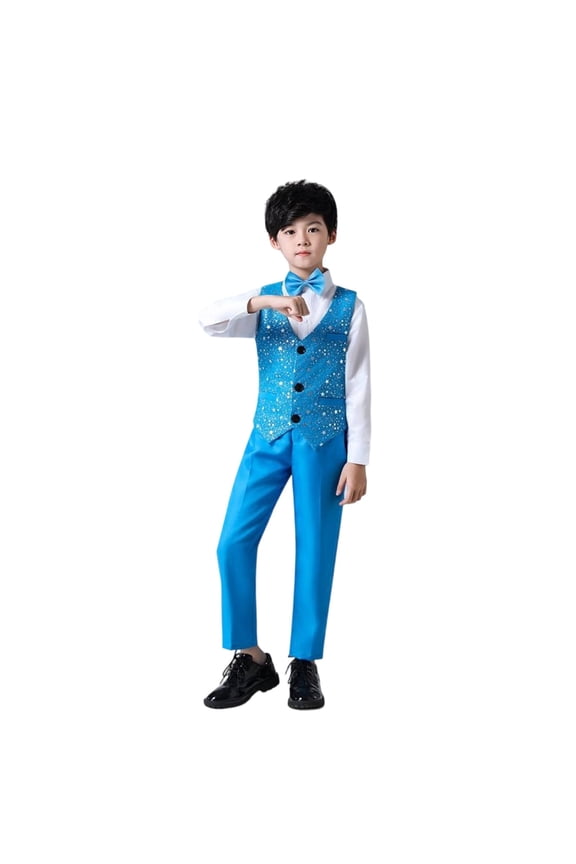 Boys Solid Outfit Set Party Bowtie Sequin Vest Long Sleeve Shirt Pants Set ,Sizes 3-16
