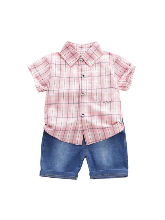 Boys Summer Simple Outfit Set Casual Checkered Short Sleeve Shirt Denim Shorts Set