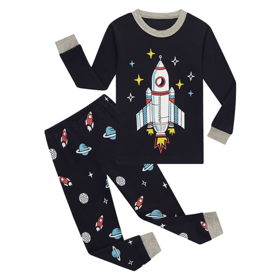 Yiyuu Cotton Pajamas for Boys Rocket Graphic Long Sleeve Top Pants Sleepwear, Sizes 2-12
