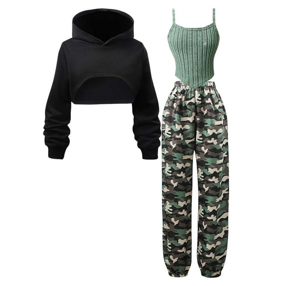 Yiyuu Girls 3 Piece Outfits Long Sleeve Cropped Hoodie Camisole Camo Pants Set, Sizes 7-12