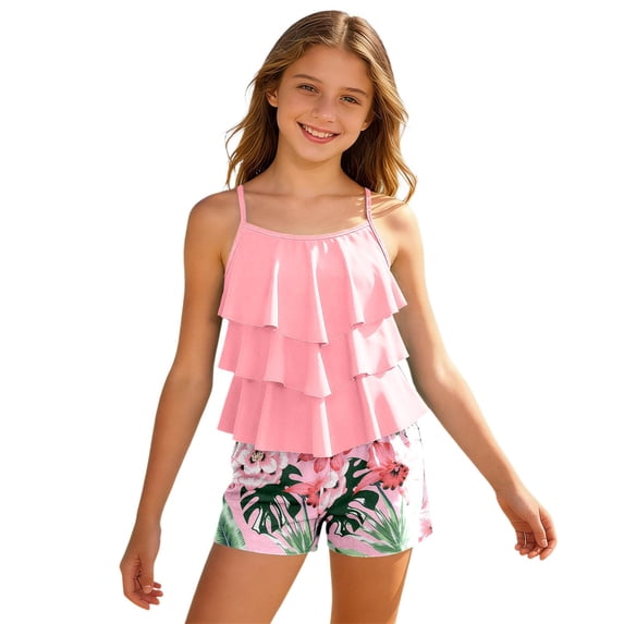 Yiyuu Girls Beach Swimsuit Ruffle Tiered Tropical Print Tankini Set 2Pcs Bathing Suit, Sizes 6-14