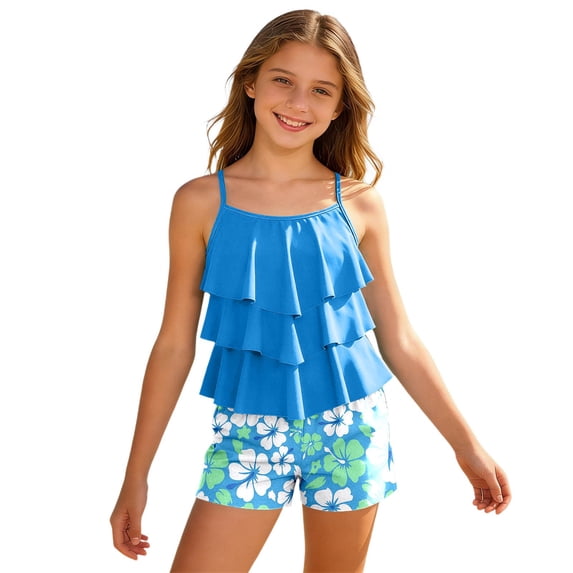 Yiyuu Girls Beach Swimsuit Ruffle Tiered Tropical Print Tankini Set 2Pcs Bathing Suit, Sizes 6-14