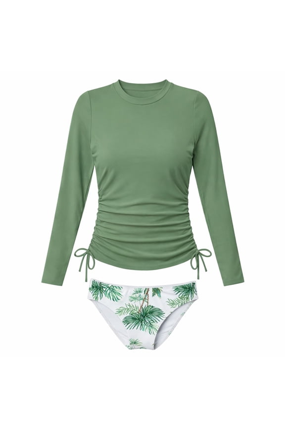 Girls Beach Swimsuits Ruffle Coconut Tree Print Long Sleeve Bathing Suit, Sizes 6-14