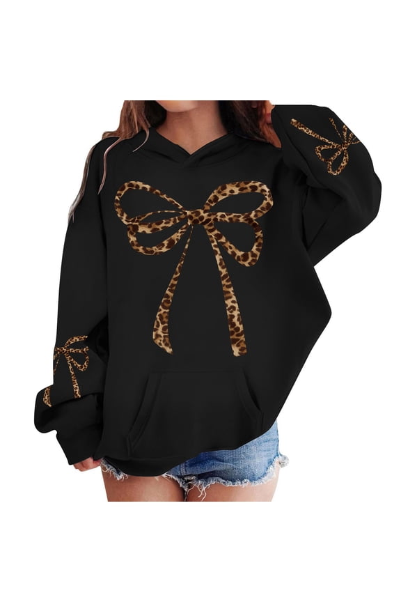 Girls Bow Leopard Hooded Sweatshirt Soft Pullover Hoodie with Pocket, Sizes 2-13