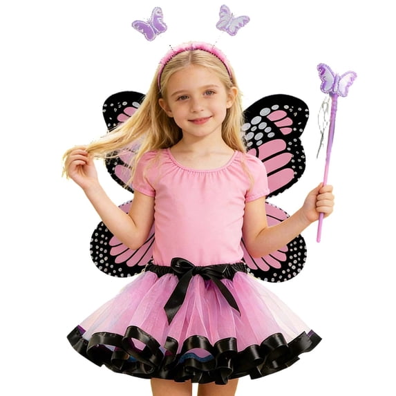Yiyuu Girls Butterfly Outfits Wings Tutu Skirt Headband Wand 4Pcs Clothes Set for Kids