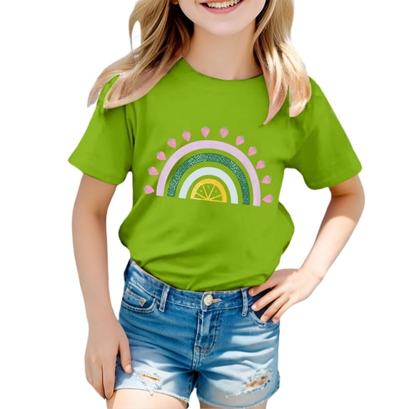Yiyuu Girls Casual Short Sleeve T Shirt Kids Summer Rainbow Graphic Tee, Sizes 1-13