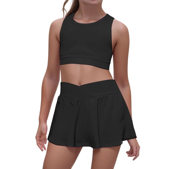Yiyuu Girls Casual Sports Outfits Athletic Solid Sleeveless Crop Top Skort Set, Sizes L