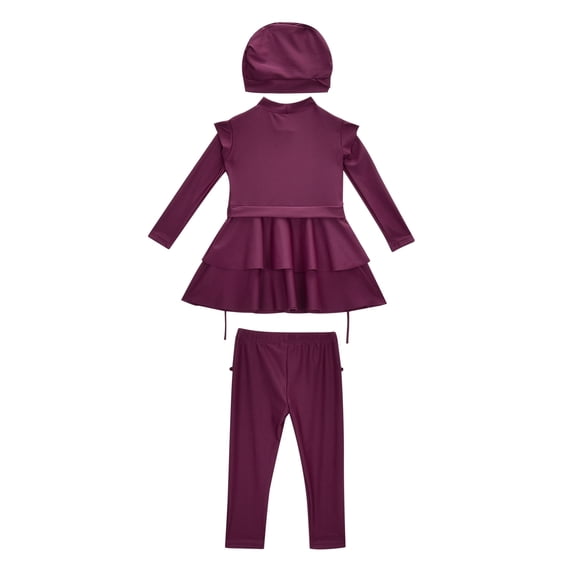 Yiyuu Girls Full Coverage Long Sleeve Rash Guard Swim Dress Pants Swim Cap Swimsuit with UPF 50+, 3-Piece