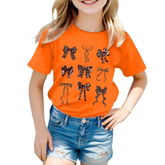 Yiyuu Girls Graphic Tee Leopard Bow Print Short Sleeve Round Neck T Shirt, Sizes 3-13