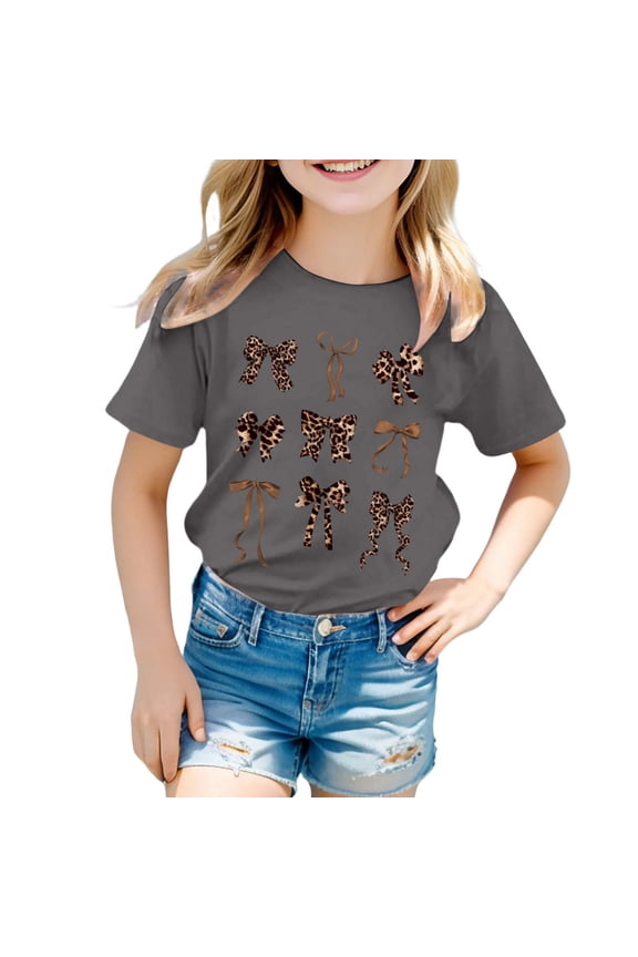 Girls Graphic Tee Leopard Bow Print Short Sleeve Round Neck T Shirt, Sizes 3-13