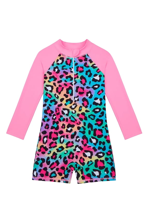 Girls One-Piece Rash Guard Swimsuit Zipper Leopard Print Long Sleeve Bathing Suit, Sizes 4-12